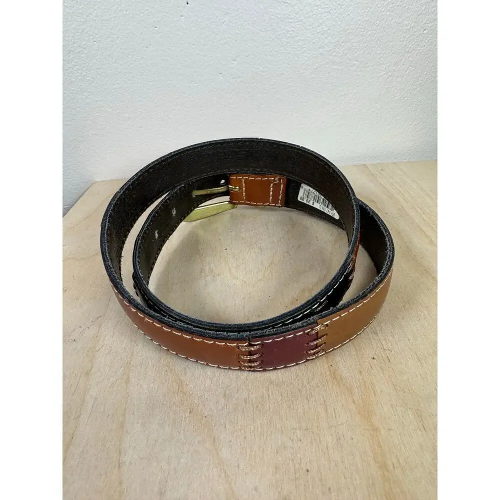 VTG Fossil Womens Belt Leather Brown Patchwork Boho Y2K 90s Medium 32-34” Brass